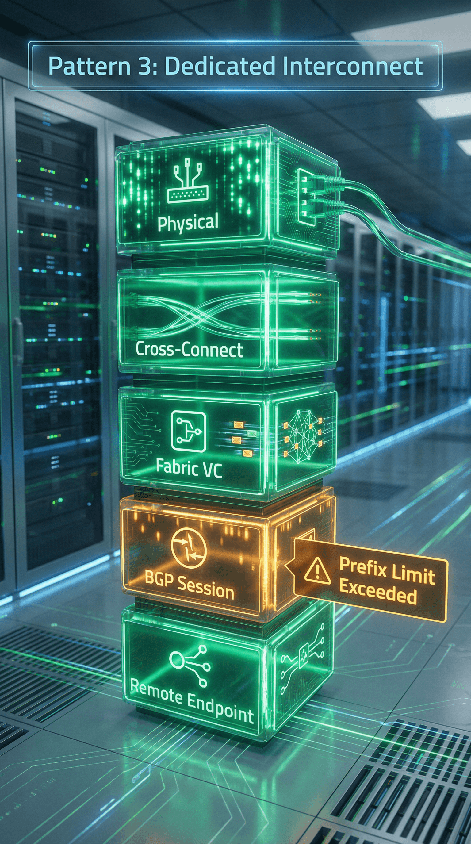 Pattern 3: Dedicated Interconnect — 5-layer stack: Physical, Cross-Connect, Fabric VC, BGP Session, Remote Endpoint